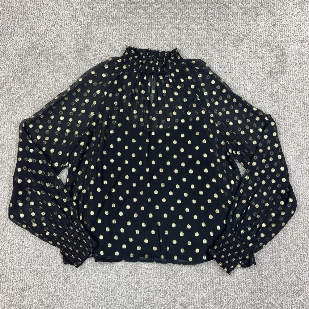 Evereve Top Womens Small Black Metallic Polka Dot Sheer High Neck Party Blouse